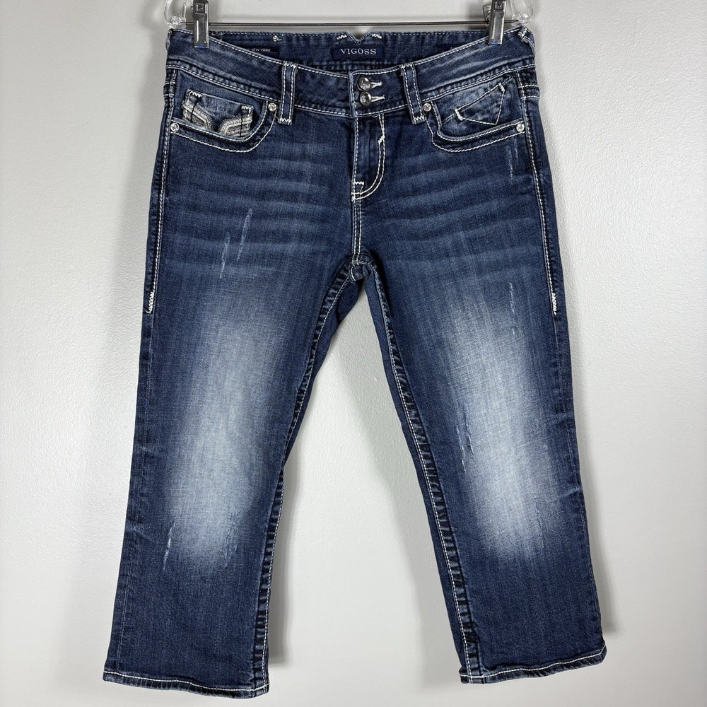 Vigoss Women's 9/10 The New York Distressed Rhinestone Bling Denim Capri Pants